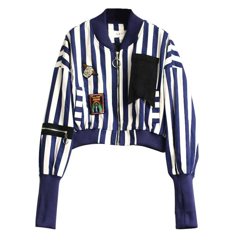 

Joker baseball uniform Striped Coat High Waist Epaulet Appliques jacket 2018 autumn long sleeved loose Zipper cardigan Tops
