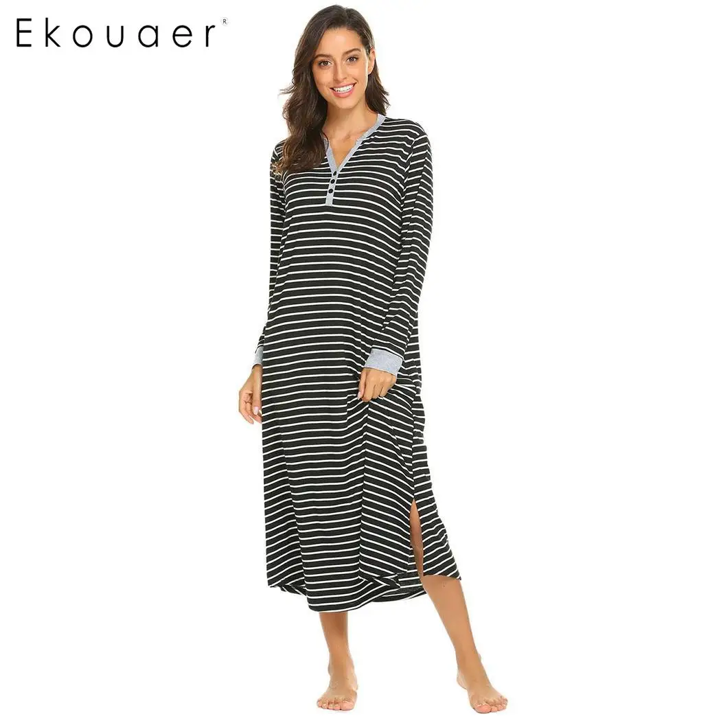 Ekouaer Women Long Nightdress Chemise Nightgown Casua Long l Sleeve V Neck Stripe Sleepwear Nightgown Female Sleepshirts