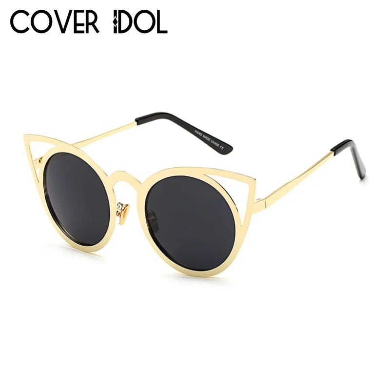 Модная дизайнерская металлическая рамка кошачий глаз солнцезащитные очки для женщин элегантные круглые женские кошачьи солнцезащитные очки UV400 - Цвет линз: Gold w Black