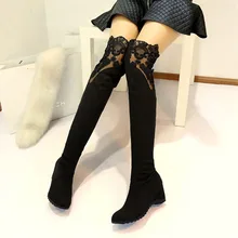 Plus größe 35-43 Schwarz Rot Dünne Oberschenkel Hohe Stiefel Frauen Sexy Fashion Spitze Über das Knie Stiefel High Heels Frau Winter Schuhe O1816