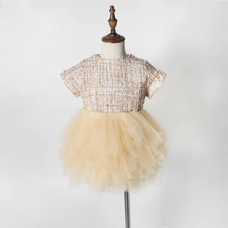 

Elegant Champagne Court Wind Baby Girls Princess Dress Infant Birthday Party Clothes Girl 12 Layers Gauze Dresses Summer Fashion