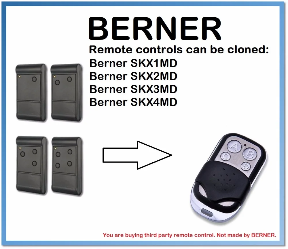 

Berner SKX1MD, SKX2MD, SKX3MD, SKX4MD Remote Control Duplicator 4-Channel 433MHz .(only for 433.92mhz fixed code)