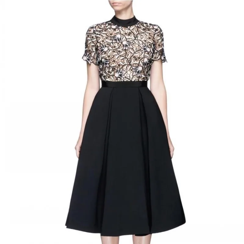 

High quality 2019 New Runway Self Portrait design Hollow out lace dress black patchwork sexy Flower dresses Vestidos robes