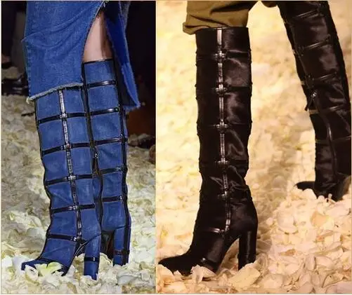Newest High Quality Shoes Hot Sale Fashion Cheap Price Ankle Zipper Runway Fashion Denim Round Toe Knee High Shoes New Design