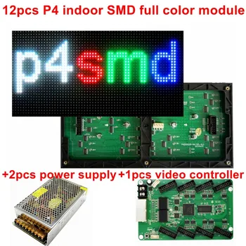 

Free shipping 12pcs P4 indoor smd rgb full color led electronic display sign module+2pcs DC5V40A PSU+1PCS video LED controller