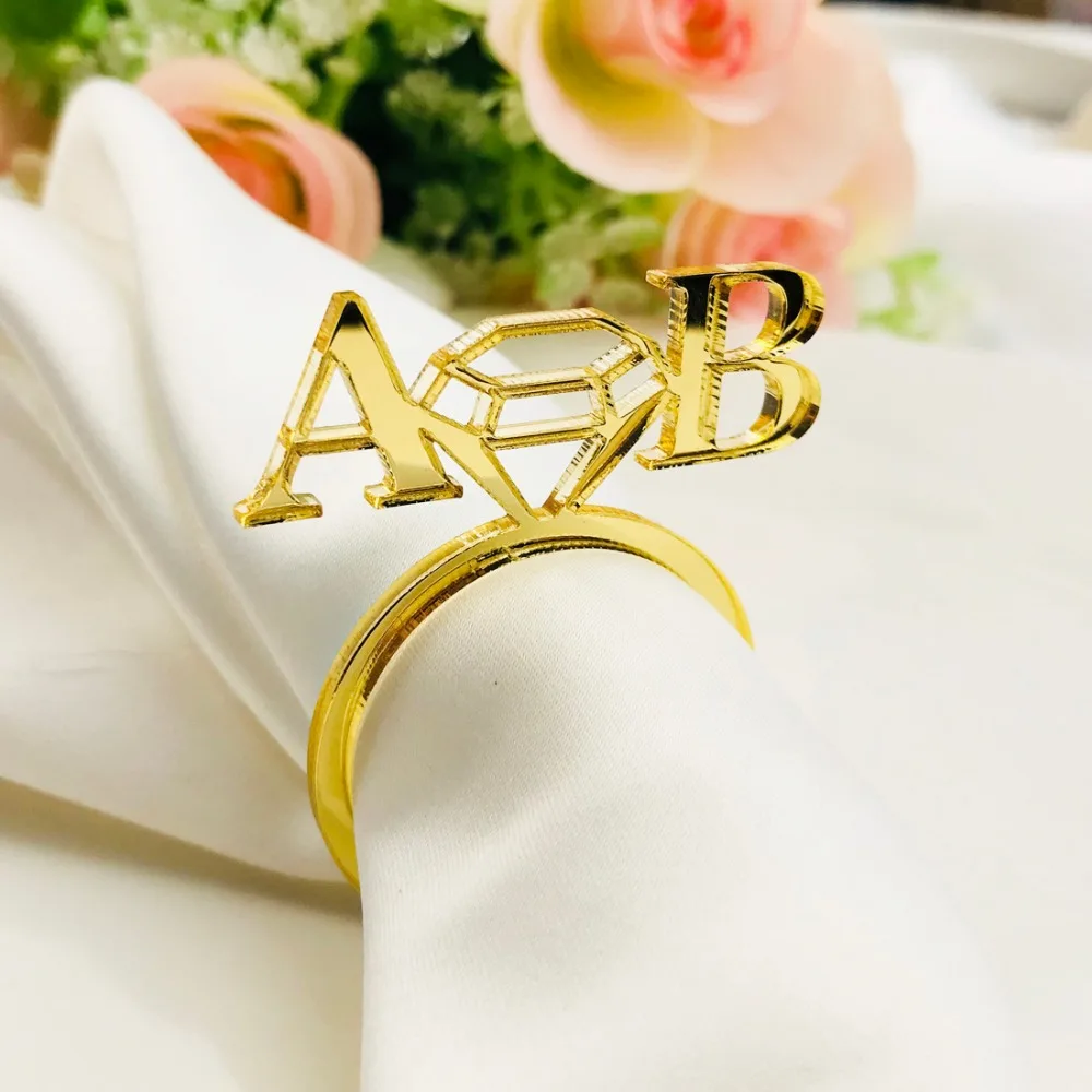 Personalized table decoration Diamond Napkin Ring Custom Wedding napkin rings Acrylic Cut Napkin Ring with Heart Initials (3)
