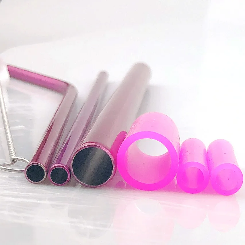 5pcs Reusable 304 Stainless Steel Rainbow Straw Metal Smoothies Drinking Straight Straws Silicone Cover with Brush Bag Wholesale