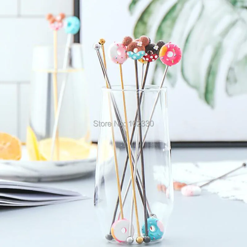 100pcs Cute Resin Donut Stainless Steel Coffee Stir Bar Bar Cocktail Mixing Spoon Stirring Rod Silver Gold