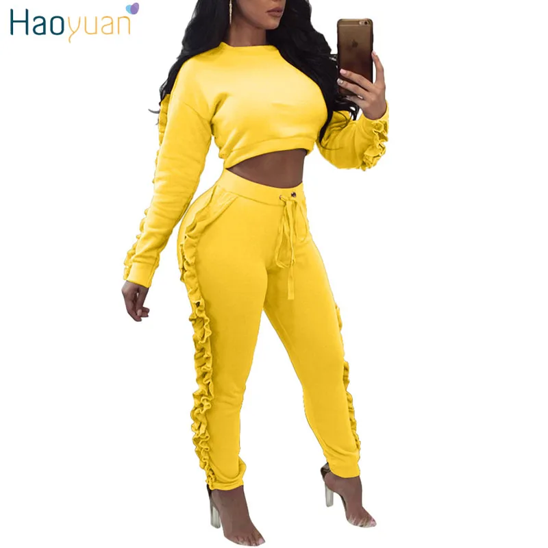 HAOYUAN 2 Piece Sets Women Autumn Winter Ruffle Long Sleeve Crop Tops