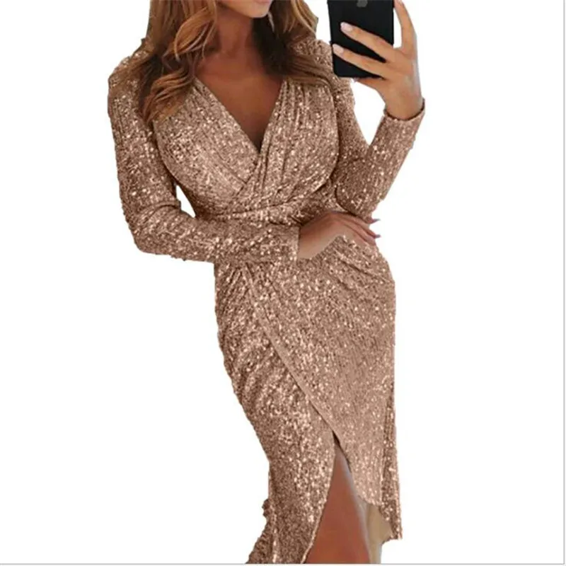 

2019 Fashion Sexy Sequin Dress Bodycon vestidos Long Sleeve Midi Party Dress robe femme Night Women Dress Clubwear Split Dresses