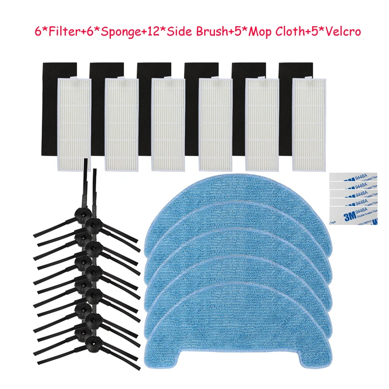 6*Filter+6*Sponge+12*Side Brush+5*Mop Cloth+5*magic paste for ILIFE A40 Robot Vacuum Cleaner Parts | Бытовая техника