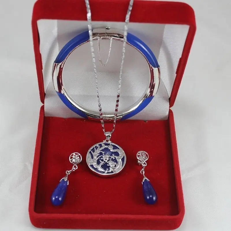 

blue Jade Black Agate Bangle Earring Dragon Set>>18K GP Plated gold Bridal wide watch wings queen JEWE