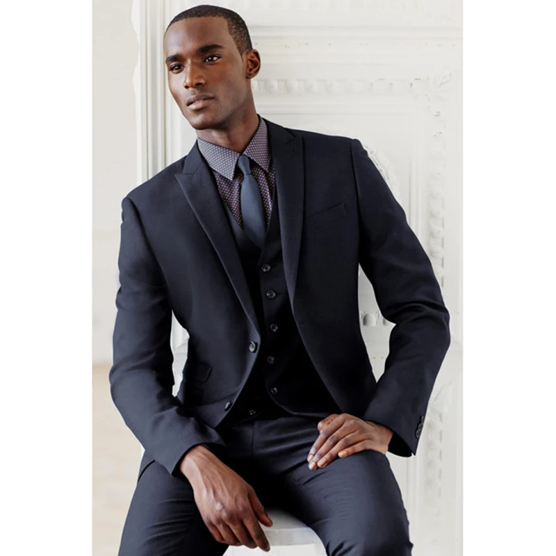

navy blue hot sale peak lapel Groom suit men Tuxedos Groomsmen Wedding/business mens Suits( jacket+Pants+vest+tie)Free Shiping
