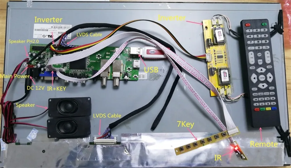 QT526C V1.1 цифровой сигнал DVB-S2/T2/C ЖК ATV драйвер платы Dual USB русский T. S512.69+ 7Key+ 2ch 8bit lvds кабель+ CCFL инвертор