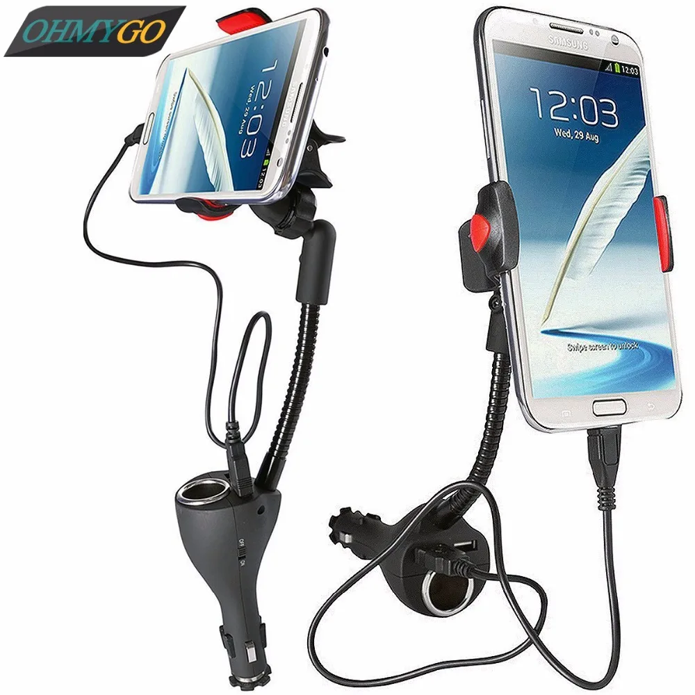 Universal Car Phone Holder Mount Stand Dual USB Charger Cigar Socket