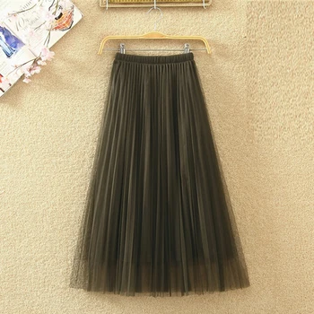 

2019 summer Pleated Skirt Women Autumn Tulle Skirt Gray Brown Beige Black High Waist Long Skirts Womens Elegant long Skirt femme