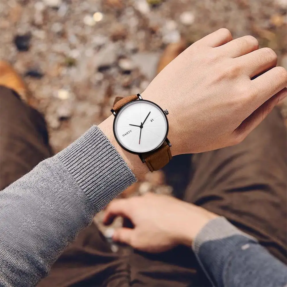 

Fashion Simple Casual Calendar Business Leather With Strap Men's Quartz Watch round white dial gift montre homme 2019