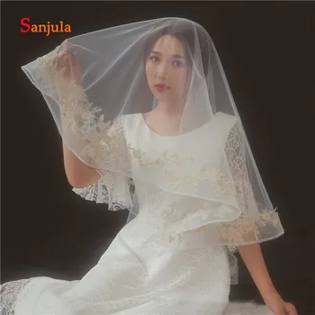 

Gold Lace Appliques Short Wedding Veil One Layers Ivory Bridal Veil Elbow Length 1.5 Meters Vils detalle boda V45