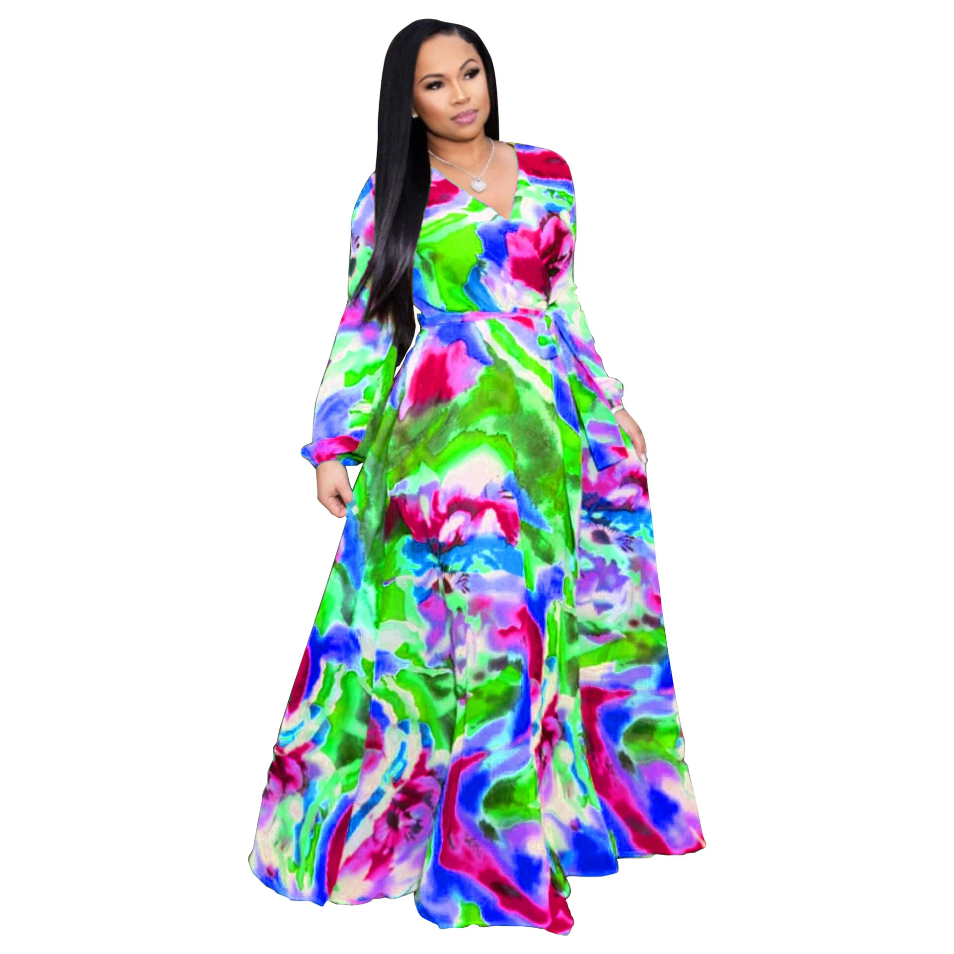 HAOOHU, женское Шифоновое Платье макси с принтом, с поясом, богемное, Пляжное, сексуальное, v-образный вырез, длинный рукав, платье, большой размер, Женская S-3XL-5XL - Цвет: D2208