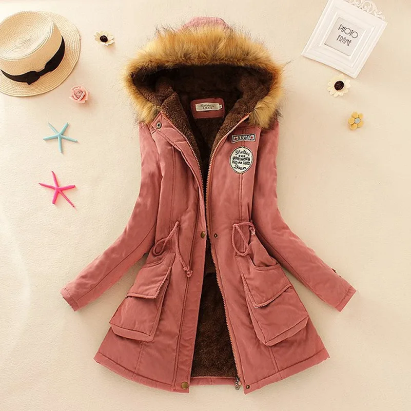 Saimishi, осенне-зимняя куртка, Женская парка, теплые куртки, пальто с меховым воротником, Длинные парки, худи для офиса, леди, хлопок, размера плюс - Цвет: Pink