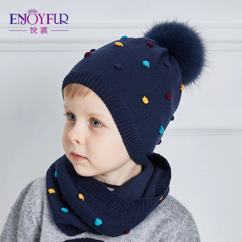 

ENJOYFUR Baby Hat And Scarf Set Cotton Knitted Winter Hats Real Fox Fur Pompom Ears Caps Dot Boy Cap Girl Thick Warm Beanies