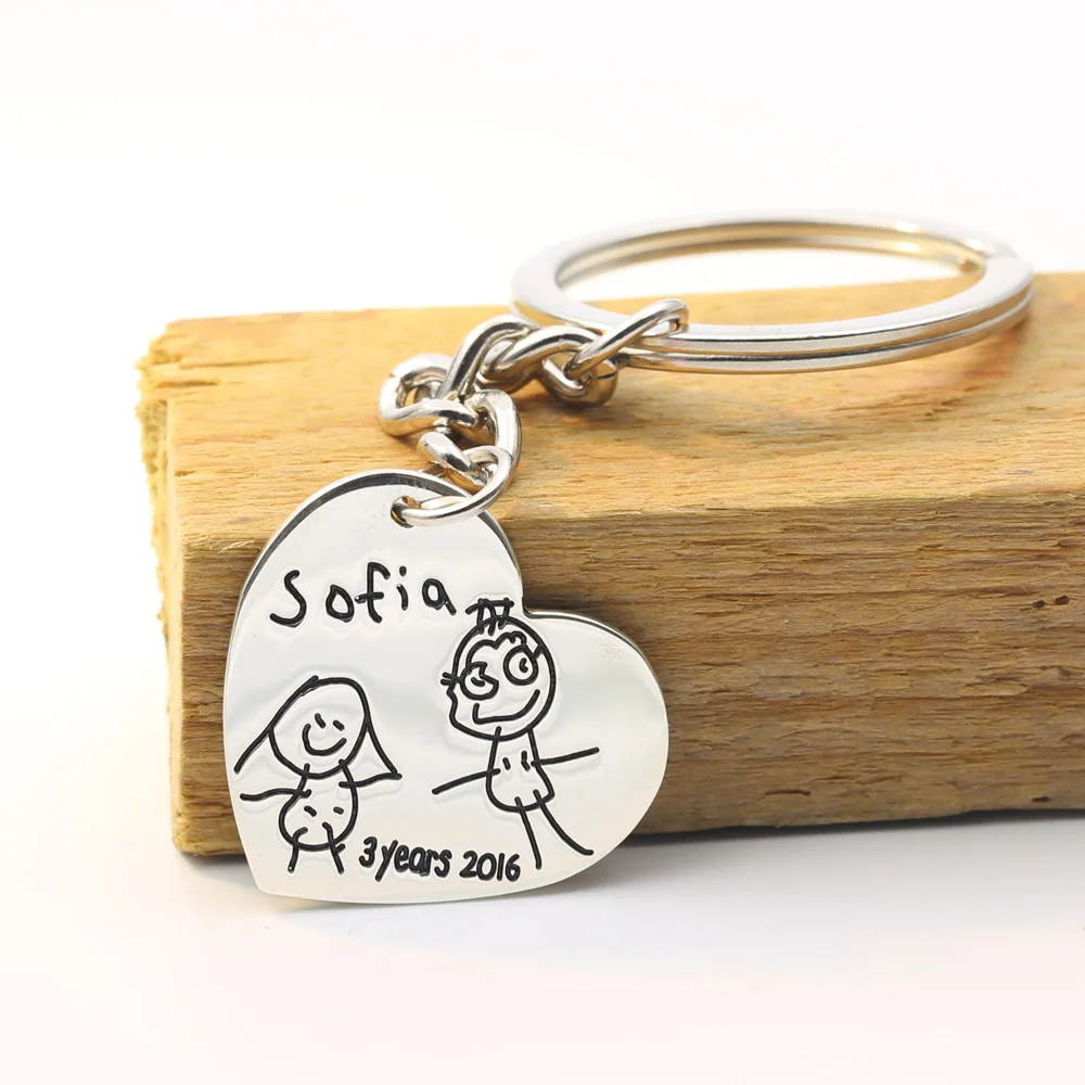 

Custom Heart Key Chain Engraved Kids Drawing Silver Personalized Keychain Engraving Image Christmas Gift