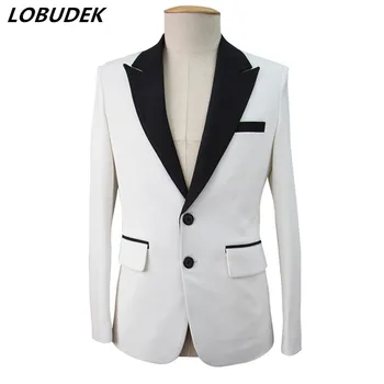 

Korean Style Male White Blazer Jacket Bar Singer Dancer Host Performance Costume Male Wedding groom Master Stage Coat Outerwear