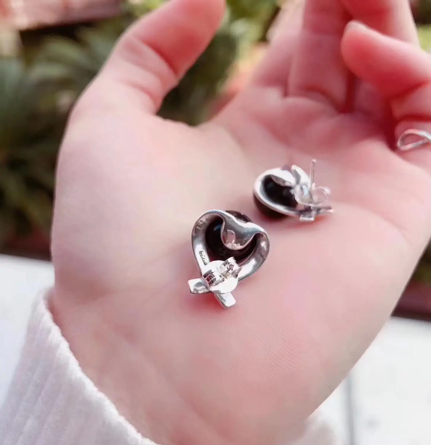

Pure S925 Silver&Black Agate Stud Earrings Woman's Zircon Lace Heart Earrings Charm