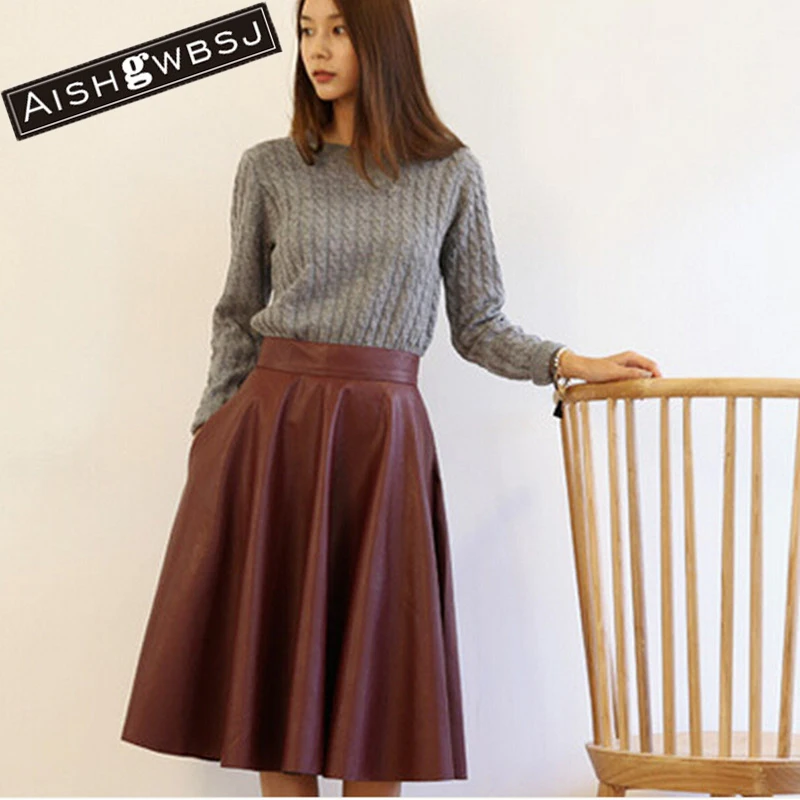 

AISHGWBSJ High Waist Woman PU Leather Skirt 2017 New Fashion Woman Spring Vintage Large Swing Long Midi Skirts Black Red QT128