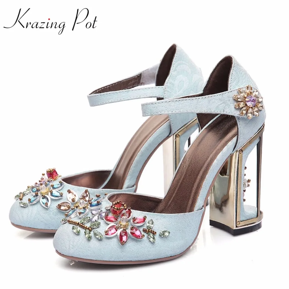 

Krazing pot beading flowers ankle strap crystal high-heels round toe birdcage heels velvet strange style women brand shoes L89