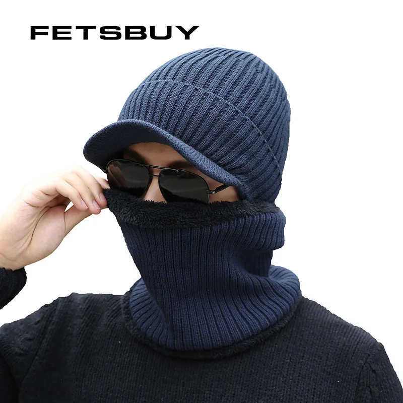 FETSBUY зимняя шапка Skullies Beanies Мужская и женская вязаная шапка шарф зимняя шапка s маска Балаклава шляпа Шерстяная кепка меховые шляпки