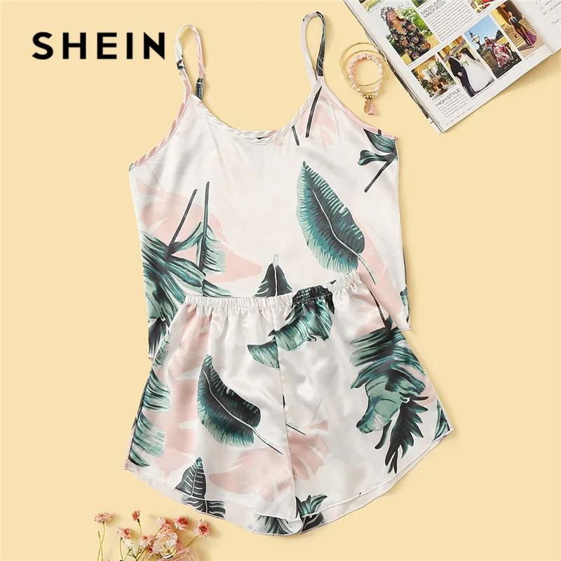 Женская атласная пижама SHEIN, с тропическим принтом, Летняя Повседневная Пижама без рукавов на бретелях|Комплекты пижам| - AliExpress