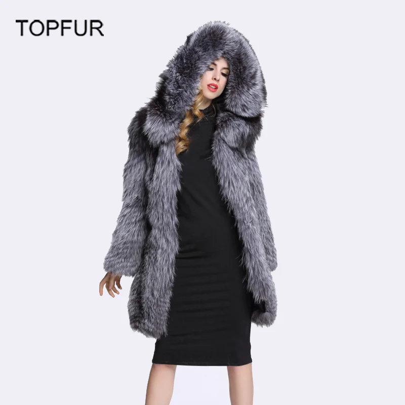 Женское меховое пальто TOPFUR цельное из натурального Меха чернобурки с меховым