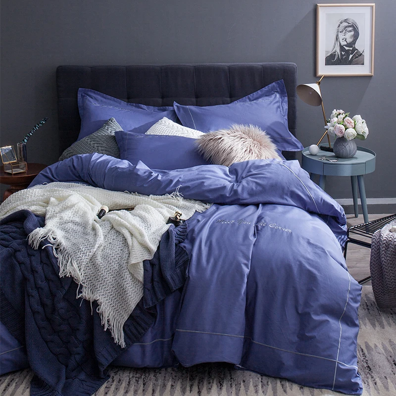 

40S Comfortable 100% Cotton Embroidery 4pcs Bedding Set Solid Color Bed Sheet Pillowcase Duvet Cover Bed Linens
