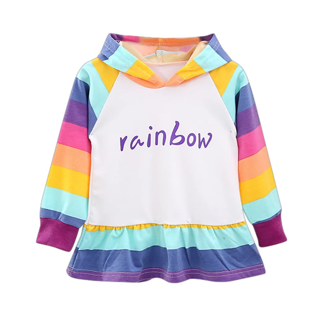 

SAGACE Princess Dresses Baby Kids Girls Toddler Rainbow Letter Hooded O-neck Long Sleeve Dress Cotton little girls dresses