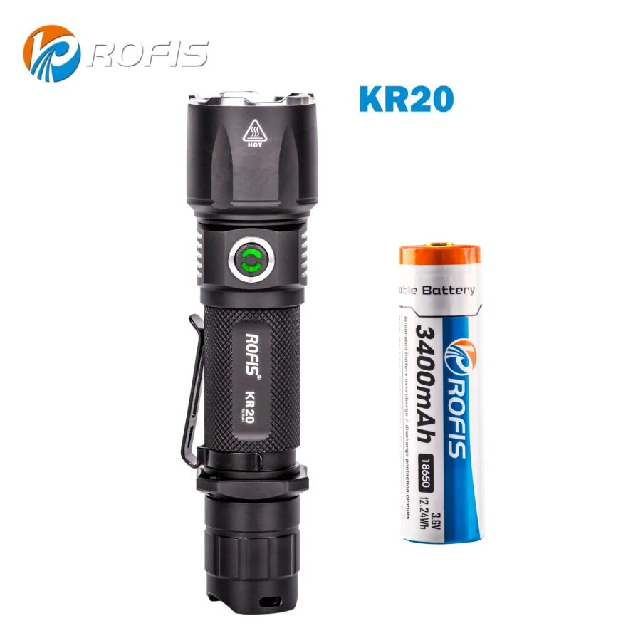 

ROFIS KR20 Tactical Light Cree XP-L HI V3 1100 lms LED Flashlight w/ Micro-USB Port and 3400 mah 18650 Battery for Self Defense