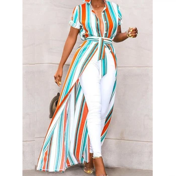 

Womens Striped Shirt Blouse Summer Asymmetrical Short Sleeve Turndown Collar Casual Tops Streetwear Bandage Long Maxi Vestidos