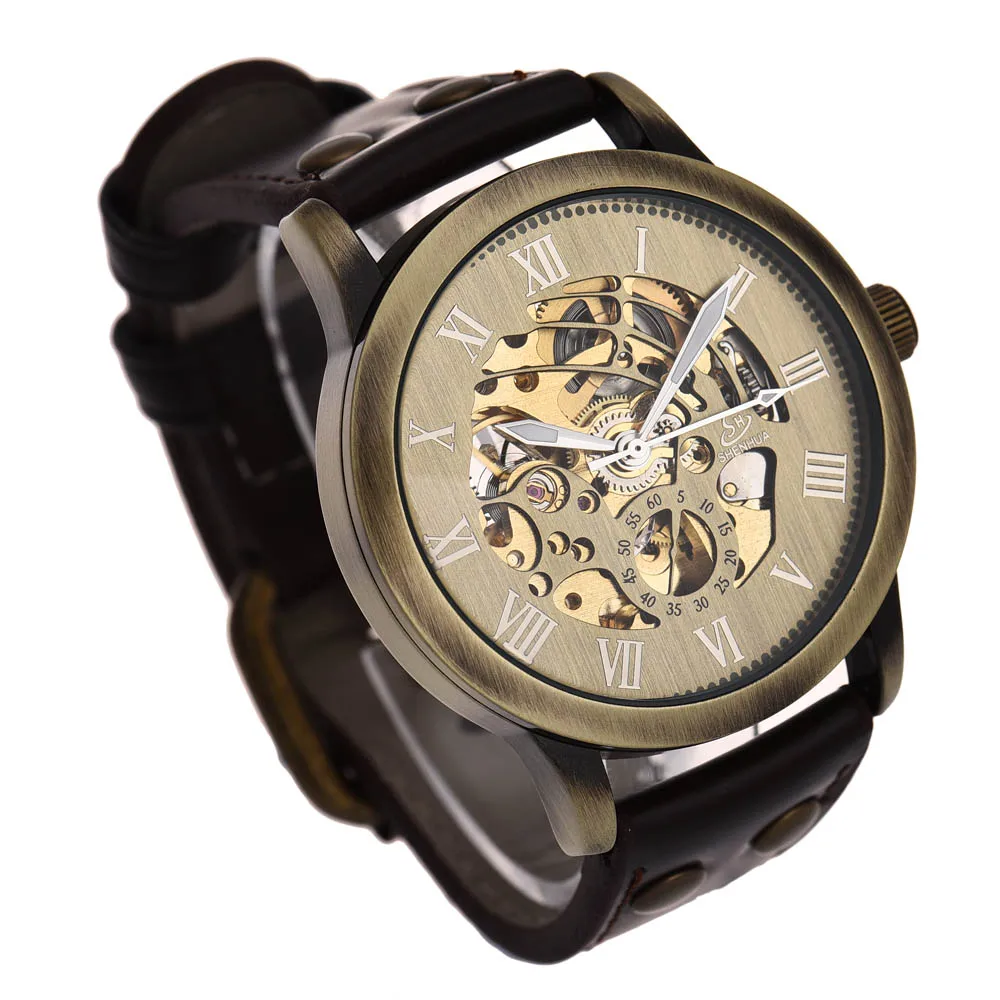 

Superior New Fashion Steampunk Bronze Skeleton Auto Mechanical Leather Wrist Watch for Men June 1