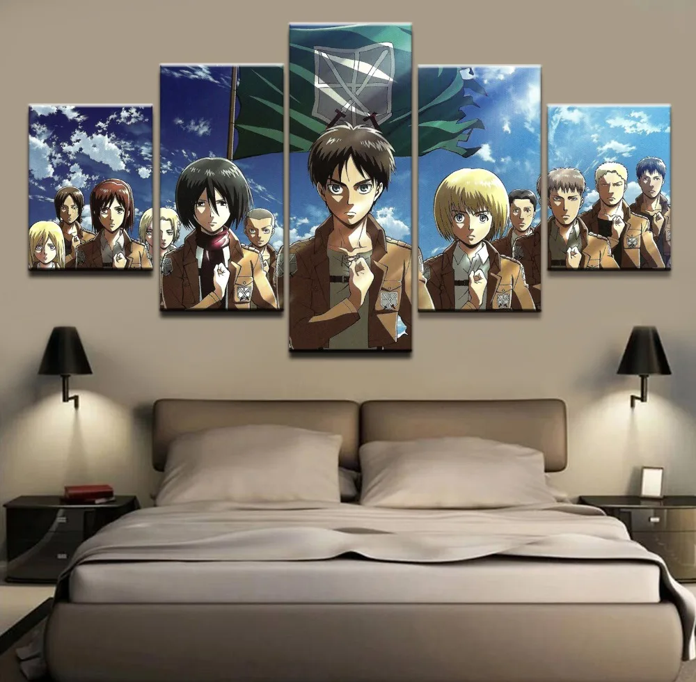 

5 Panel Canvas Printed Animation Poster Attack on Titan Wall Art Canvas Painting Home Decor For Living Room Framework Artwork