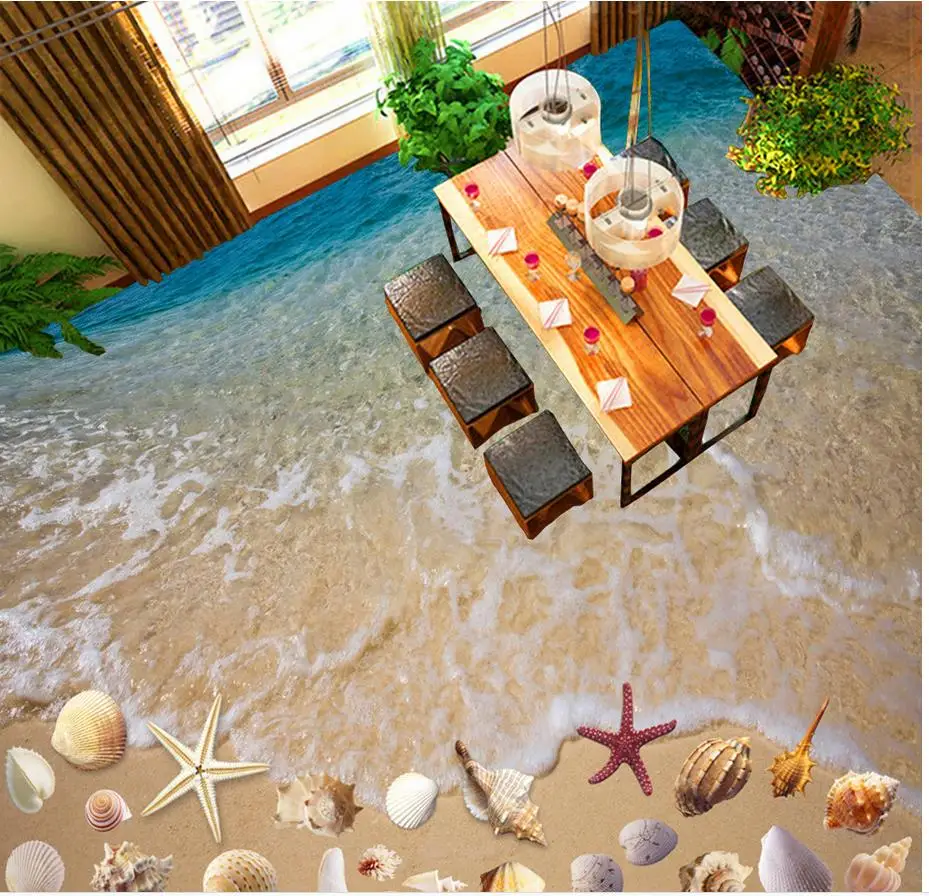 

Modern Custom 3D floor mural Clear waters of romantic beach shells floor PVC floor sticker painting Murals