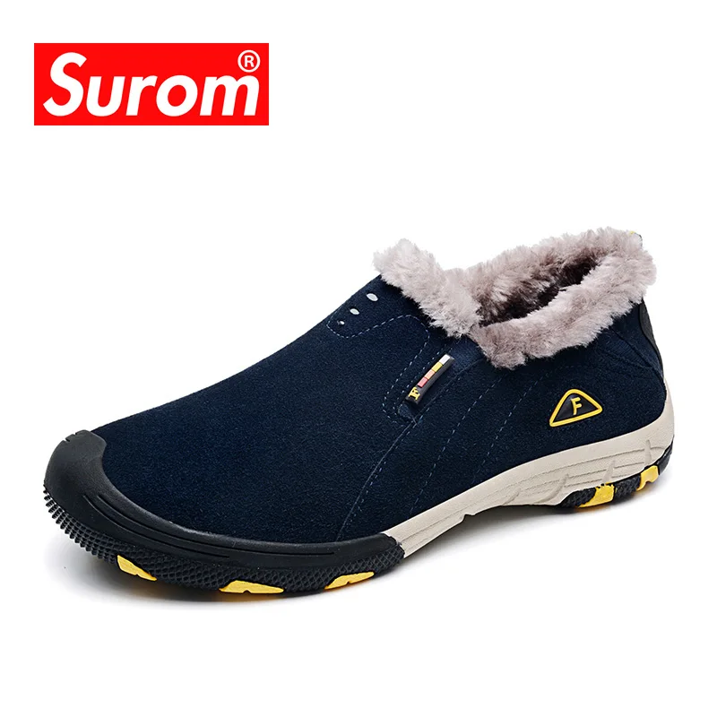 

SUROM Real Leather Winter Shoes Men Luxury Brand Cow Suede Casual Shoes for Men Winter Boots Plush Warm Slip On Sneakers Loafers