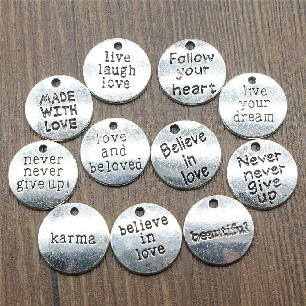 

3 Piece Mix Antique Silver Color Round Message Charm Pendant Charm Live Laugh Love Never Give Up Karma Live Your Dream Charm