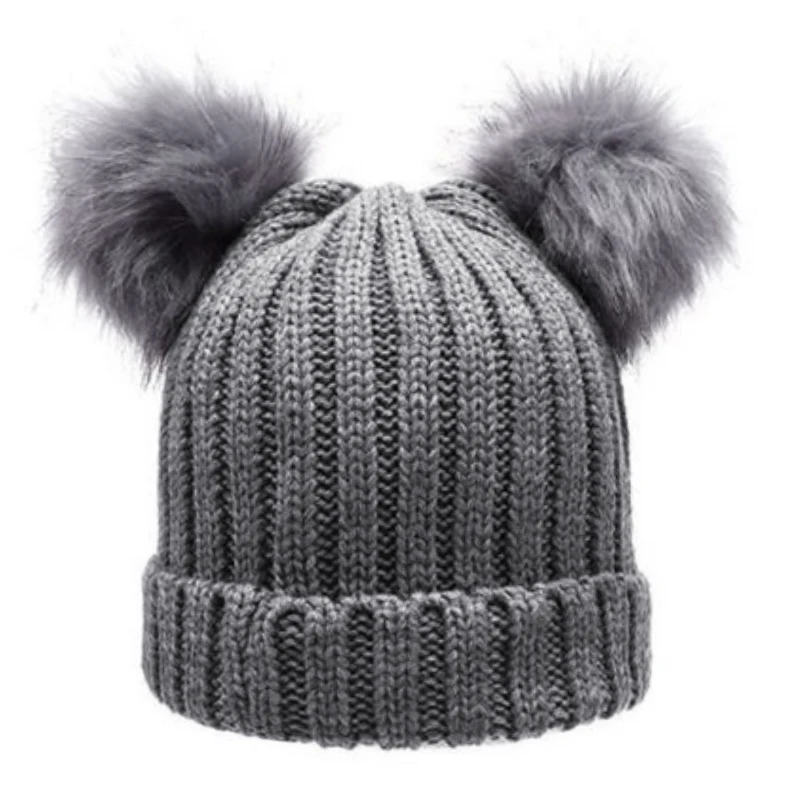 beanie pom pom double fur Beanie Knit Cap hat Chunky Pom Women's Double Winter Pom
