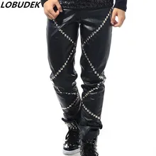 Черные, красные штаны с заклепками, мужской костюм DJ DS, Мужские штаны из искусственной кожи, для ночного клуба, панк, певица, рок, хип-хоп, сценические брюки