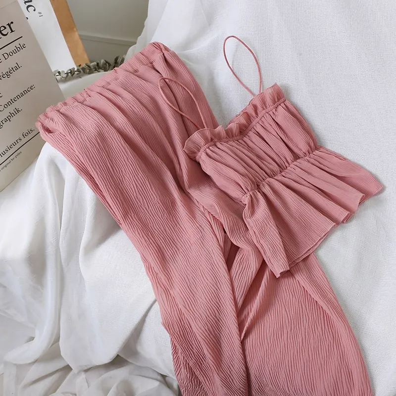 

Women Sexy Chiffon Pants Two Piece Sets Solid Ruffles Spaghetti Strap Crop Top Wide Leg Pants Suits High Waist 2 Piece Outfits