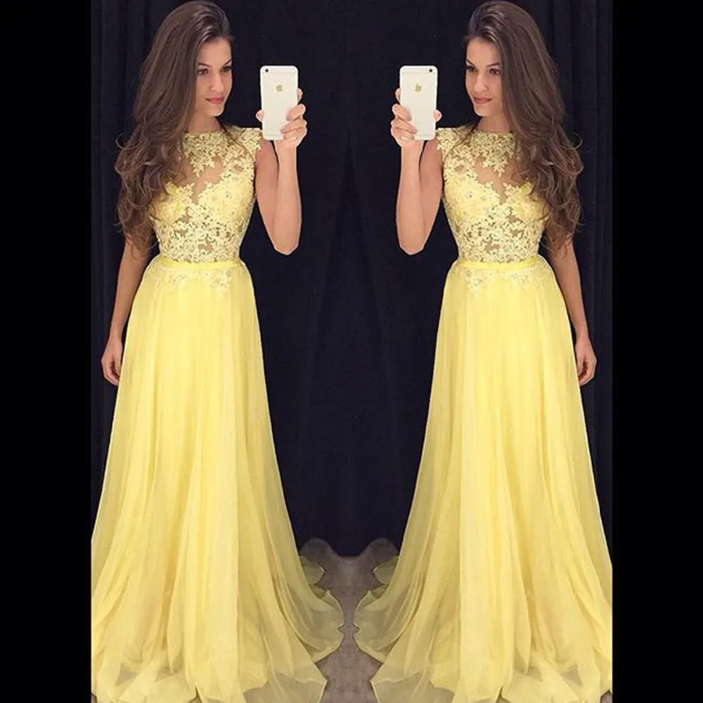Fantástico gasa amarillo largo prom dress elegante 2017 envío rápido
