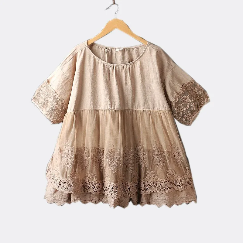 Lolita Water Soluble Lace Embroidery O-Neck Short Sleeve Doll Shirt Blouse Female | Женская одежда