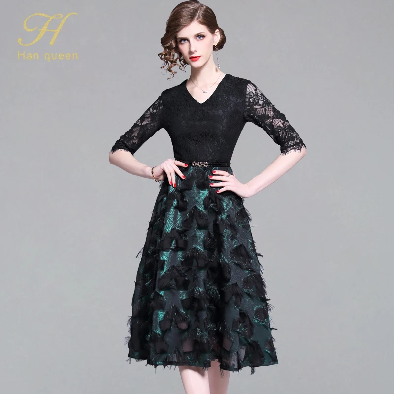 

H Han Queen Sexy Lace Patchwork Feathers A-line Dress Women 2019 Spring Elegant Evening Party Dress New Waist OL V-neck Vestidos