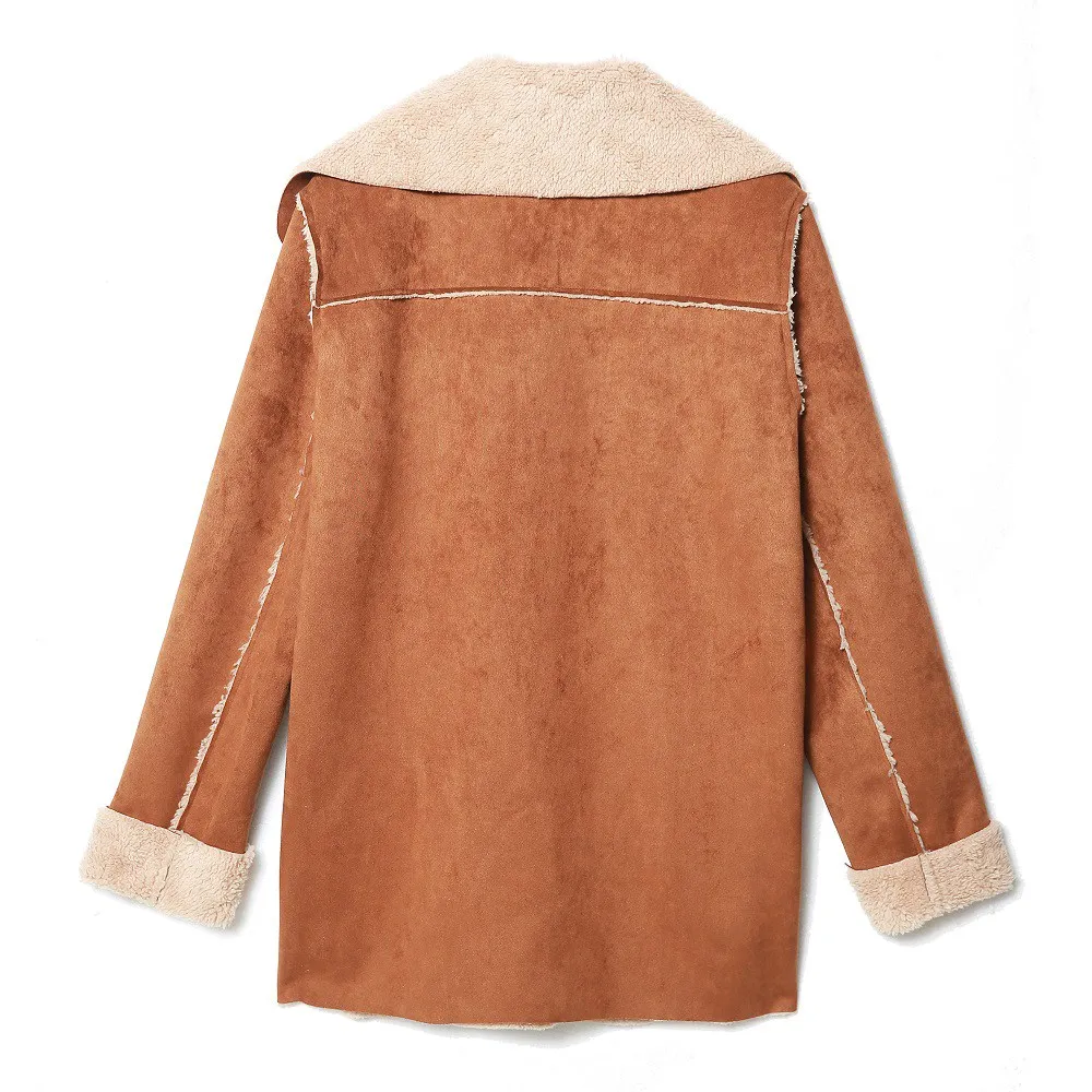 Autumn Winter Women Suede Jackets 2018 Long Sleeve Safari Pocket Faux Leather Patchwork Lambswool Female Warm Coat 4XL Zevrez