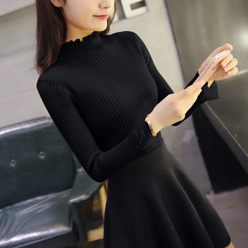 Casaul Long Sleeve Lace Turtleneck Pullover Lady Slim Top Women Solid Sweater Vintage Black White Female Jumper Plus Size